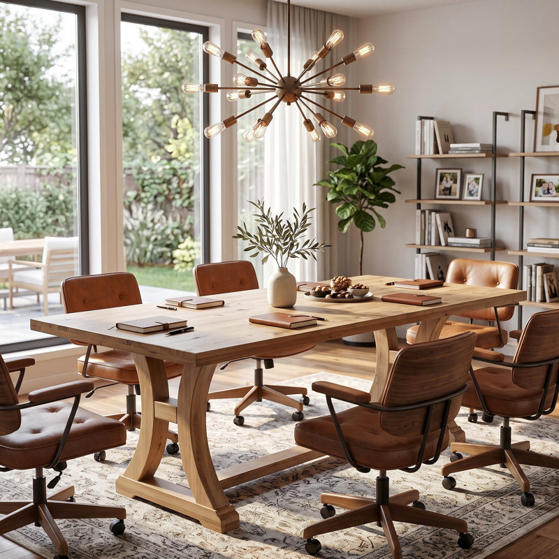 63" Solid Wood Conference Table, Rustic Executive Meeting Desk with Curved Trestle Base, Modern Farmhouse Boardroom Table for 4-6 People