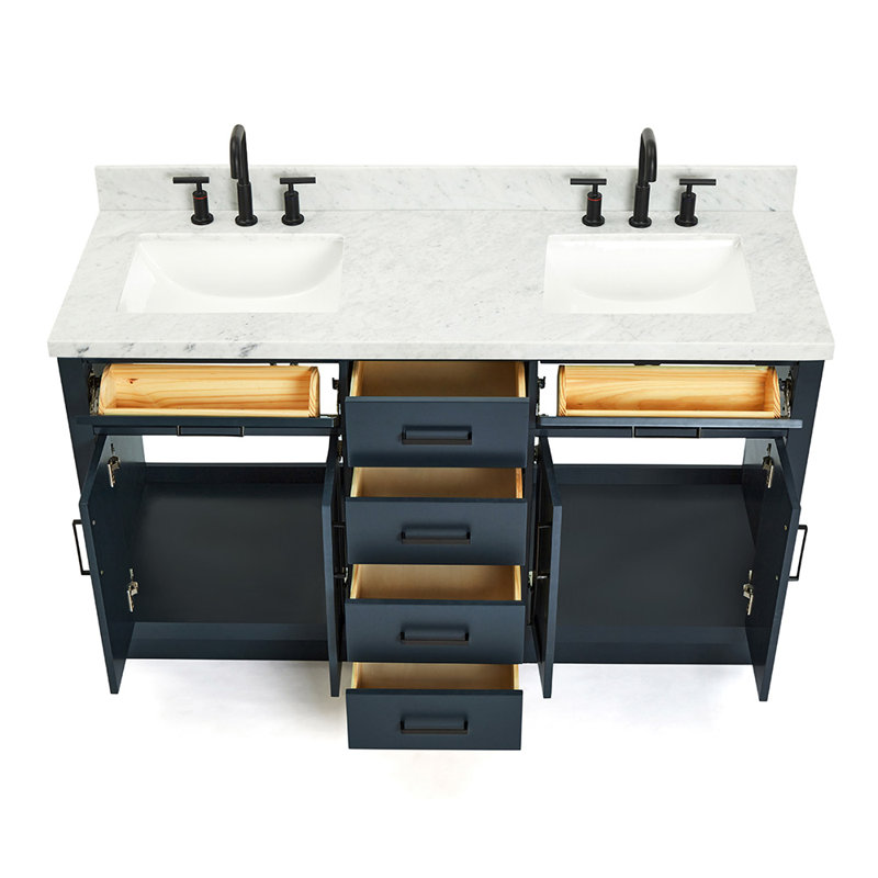 Tidworth Solid Wood Double Bathroom Vanity with 1.5'' Carrara Marble Top, Midnight Blue / Matte Black, Rectangular