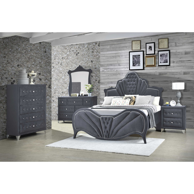 Grand lit plateforme tapissier Lieran, Gris, Grand