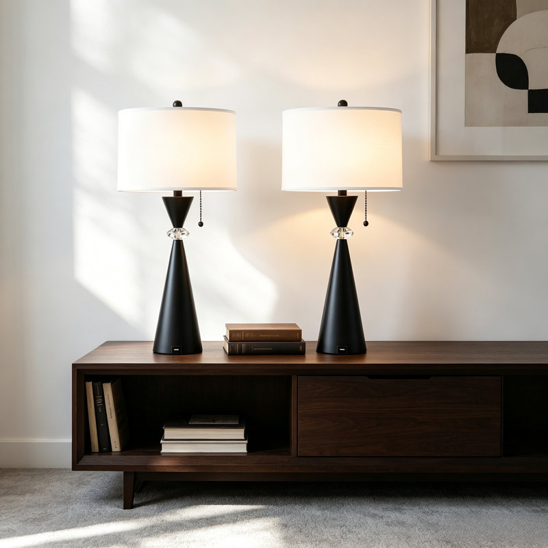 Ensemble de 28 lampes de chevet modernes 28 pouces avec base en forme de sablier en métal noir et abat-jour tambour en lin blanc avec chaînette de port USB intégrée E26 douille pour tables de bout de salon