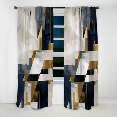 Gold Blue Shapes In Harmony - Abstract Shapes Curtain - Blackout Abstract Curtain - 1 Panels