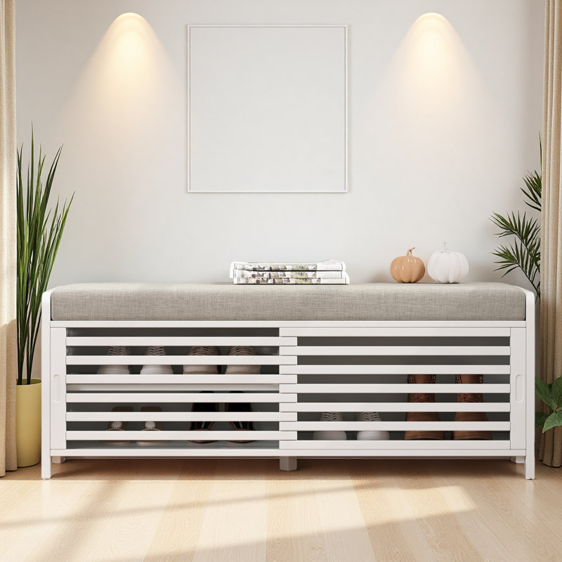 Shoe Bench With Storage And Cushion, Distressed Shutter Storage Bench With Retro Charm For Living Room, Blanc