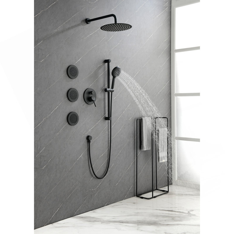 Shower System With Shower Head, Hand Shower, Slide Bar, Bodysprays, Shower Arm, Hose, Valve Trim, And Lever Handles