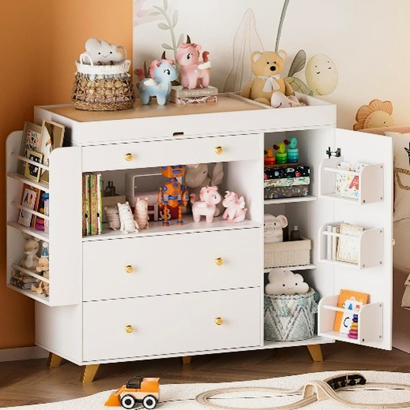 White Changing Table With Wide Top And 3 Drawers, - Crafted For Strength, 54" Vanity 12 Drawer Cabinet, Brightness Adjustable Open Shelves Bedroom Decor Modern Dresser Drawers Top, Easy Assembled