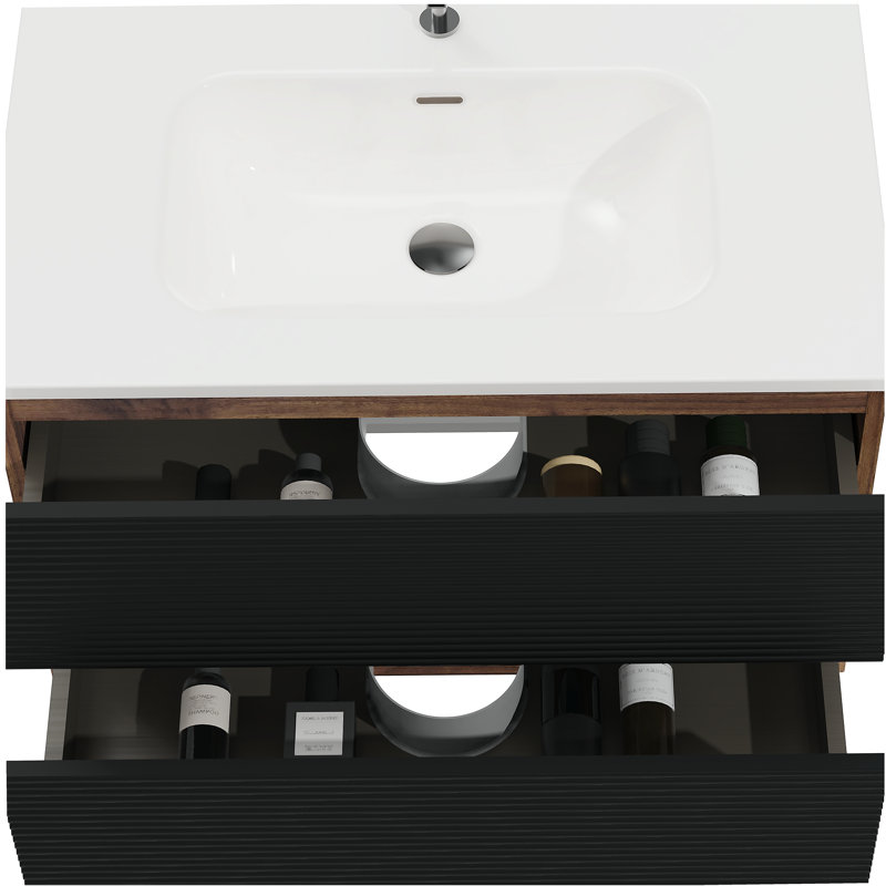 Gloria 30" Wall Mounted Soft Black & Walnut Bathroom Vanity with Integrated Ceramic Sink with Overflow, Large Storage Floating Bathroom Vanity for Modern Bathroom, KD