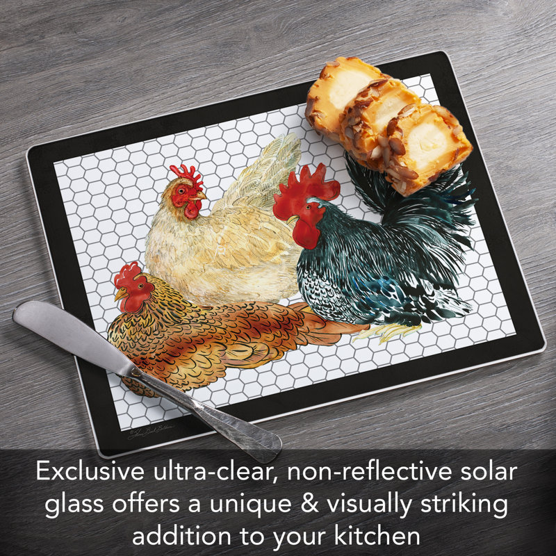 Whimsical Roosters Tempered Glass Cutting Board 10" x 8"