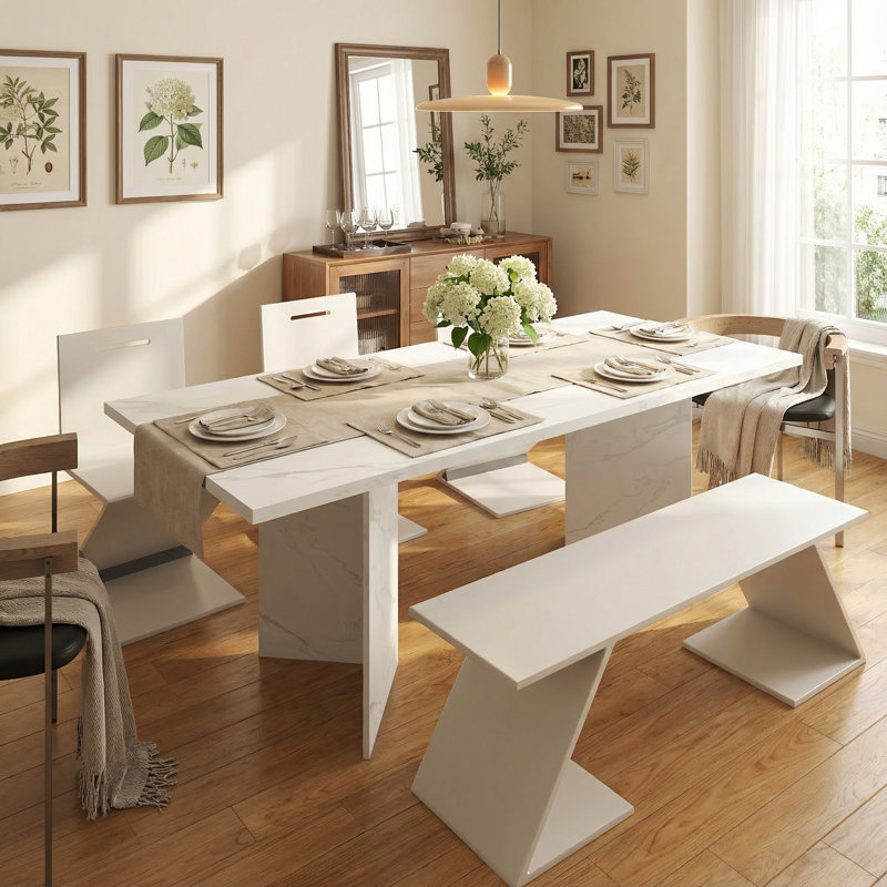 Modern White Faux Marble Rectangular Extendable Dining Table, Wooden Base for 6 to 10 People, Large Kitchen and Conference Table