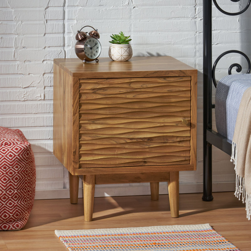  Table de chevet moderne Mid-Century, table de chevet en bois massif avec porte texturée et pieds fuselés, naturel