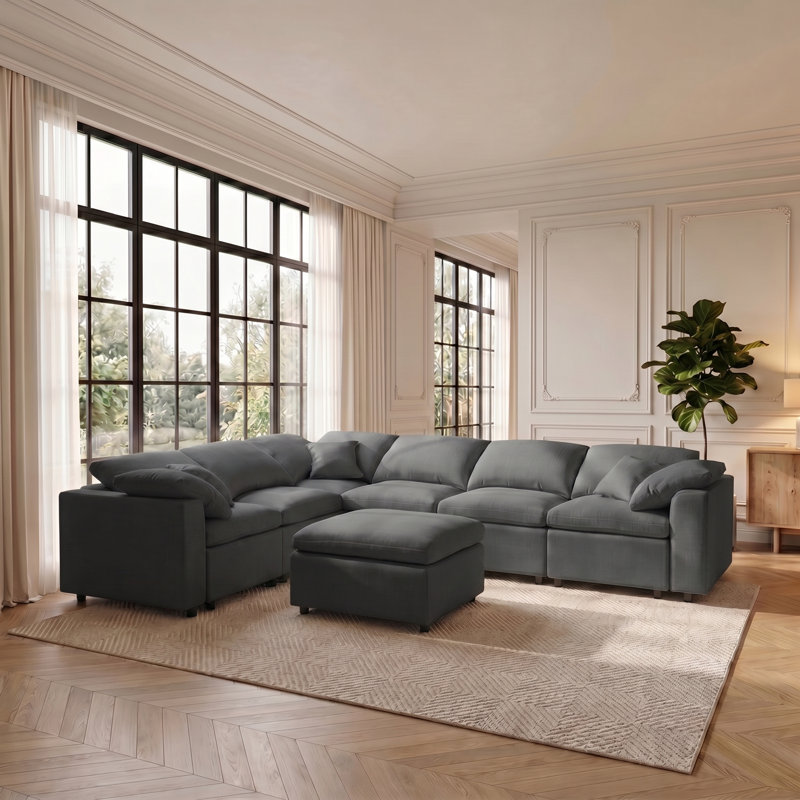 125" 7-seater Modular Chenille Sectional Sofa With Ottoman, Grey Chenille
