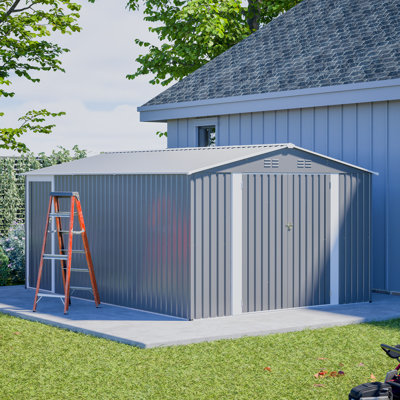 14x10 Ft Outdoor Metal Storage Shed Large Garden Tool Shed With 3 Lockable Doors & Side Door