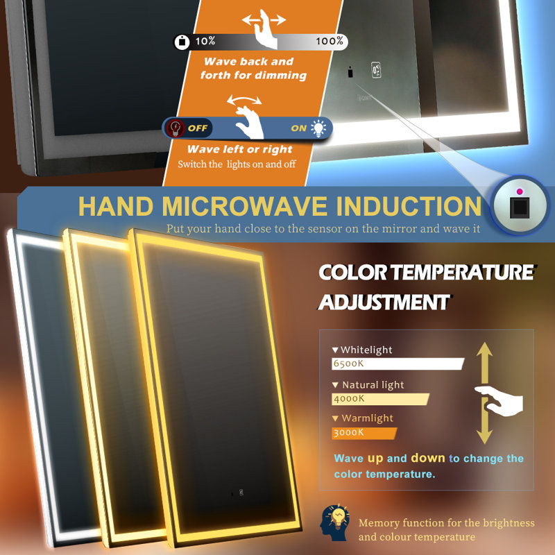 Miroir de salle de bain anti-brouillard lumineux à DEL Baruyr, 40 po x 32 po