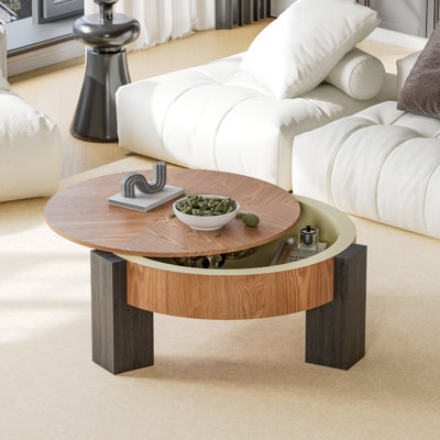 Table basse ronde de 33 po avec rangement caché, table d'appoint moderne en placage de bois Wabi-Sabi, table d'appoint centrale robuste à 3 pieds