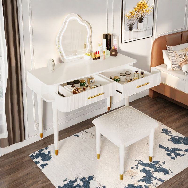 Modern Vanity Table Set With Touch Screen Lighted Mirror, Dressing Table And A Cushioned Stool