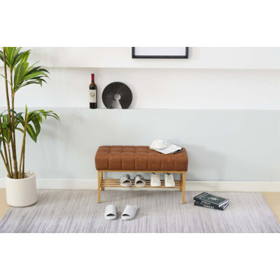 Banc de rangement rembourré pour chaussures en cuir rétro avec pieds en métal, polyvalent et robuste pour les espaces de vie modernes, capacité de 300 lb