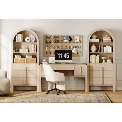 Ensemble de bureau à domicile, bureau de direction moderne de 53,5 po avec station de charge et tiroirs et bibliothèques arquées à 3 niveaux de 2 pièces de 71 po de hauteur avec rangement ouvert pour le salon, la chambre à coucher et le bureau à domicile