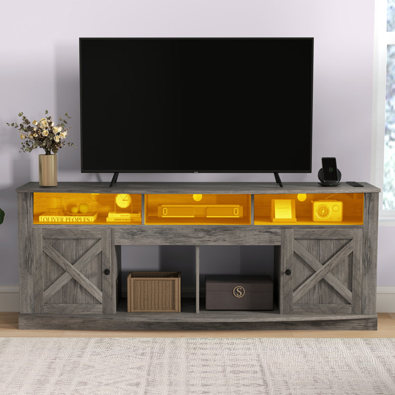 70" Farmhouse TV Stand, Modern Media TV Console Table With Timeless Barn Doors & Storage Cabinets, Gray