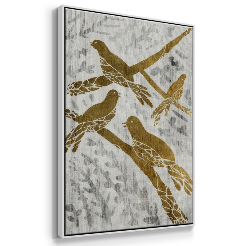 «Four Calling Birds - Gold Leaf Holiday», reproduction sur toile, H 41 po x l 27 po x P 1,5 po, Cadre flottant blanc
