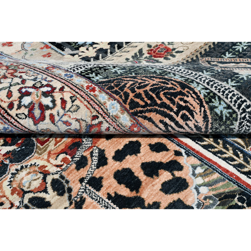 High-Quality Hand-Knotted Black And Multi Area Rug, Rectangle 9' x 12'