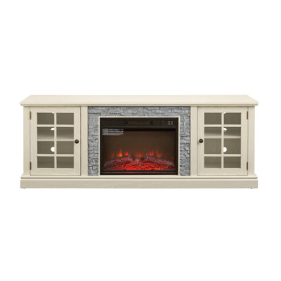 70" Modern TV Stand With 2-Door Storage & 23" Electric Fireplace, Faux Stone Media Console Cabinet, White Large Entertainment Center For Living Room