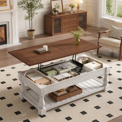 Table basse à plateau relevable rétro avec rangement pour le salon, le compartiment caché et la tablette inférieure