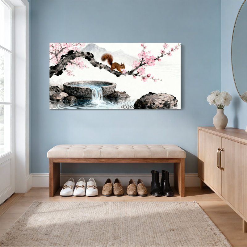 «Cherry Blossom Squirrel And Waterfall», reproduction d'art sur toile tendue sur toile, ensemble de 1, H 12 po x l 36 po
