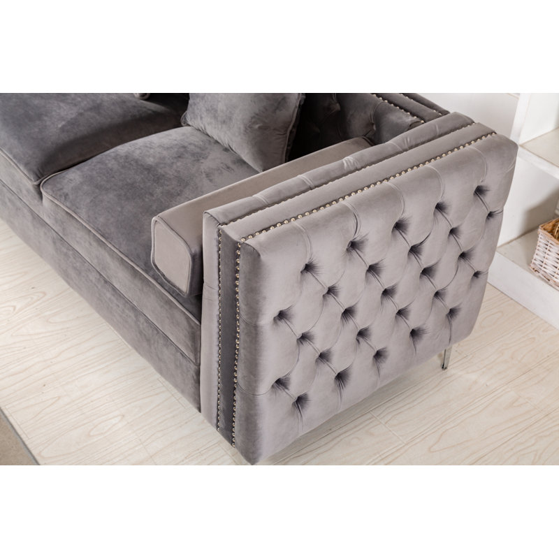 Canapé modulaire réversible en velours de 104 po avec méridienne et repose-pieds, Gris