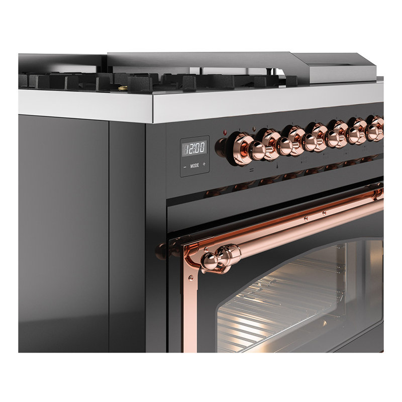 ILVE Nostalgie II Series Noblesse 48 inch Dual Fuel Range 5 Sealed Burners, Griddle, Frenchtop (Glass Door), Copper