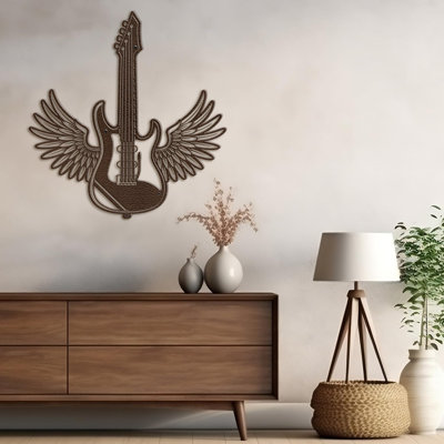 Electric Guitar with Wing Minimalist Modern Abstract Wall Accent Sculpture Hanging Decoration Metal Wall Decor