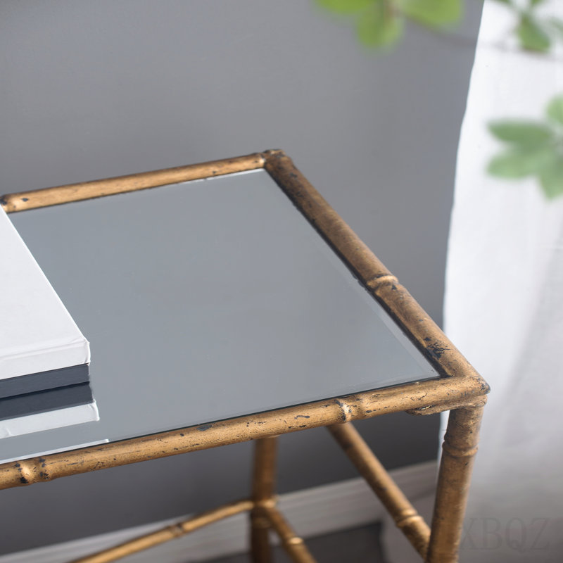 Console 56,5 x 14 x 30 po or antique, plateau en miroir