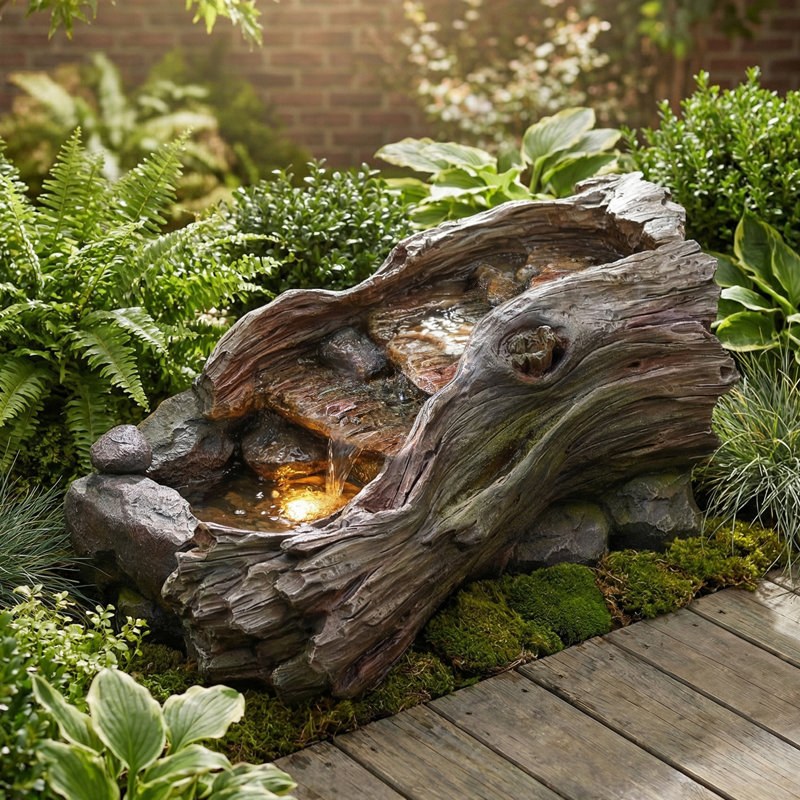 Natural Tree Trunk Outdoor Fountain With LED Lights & 15W ETL Pump