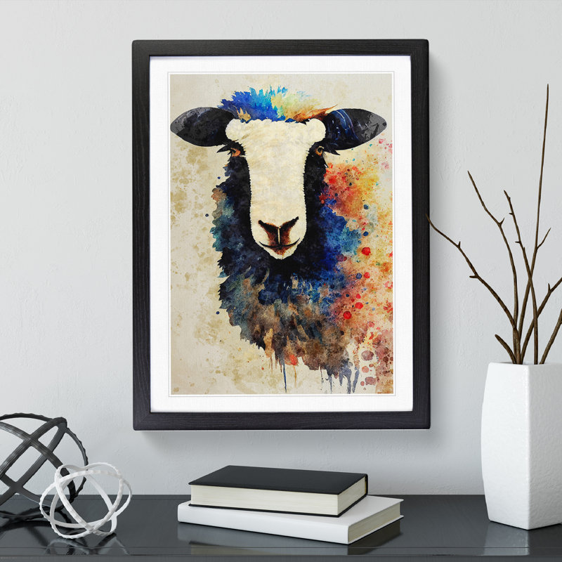 Sheep No.5 - Single Picture Frame Painting, Black, 64cm H x 46cm W x 2cm D