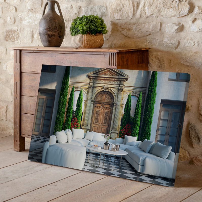 Toile d'un salon moderne et élégant avec un grand canapé modulaire blanc d'art mural placé au premier plan complété par une toile murale