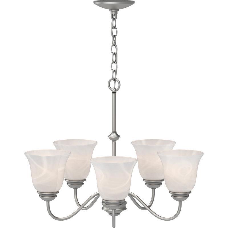 Kim 5-Light Indoor Nickel Hanging Chandelier with Alabaster Glass Bell Shades, Nickel