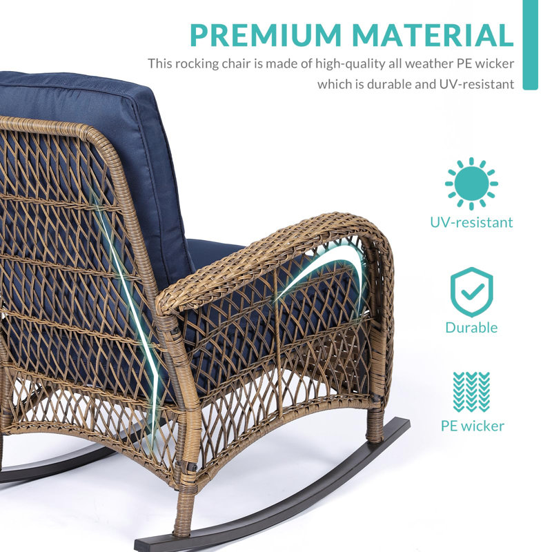 Navy Blue Cushioned Rattan Wicker Rocking Chair Set with Glass-top Table