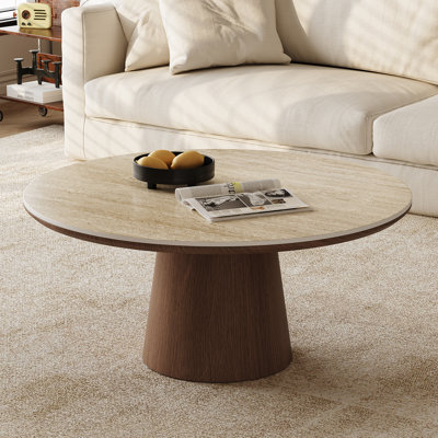 Round Wood Coffee Table with Brown Leg