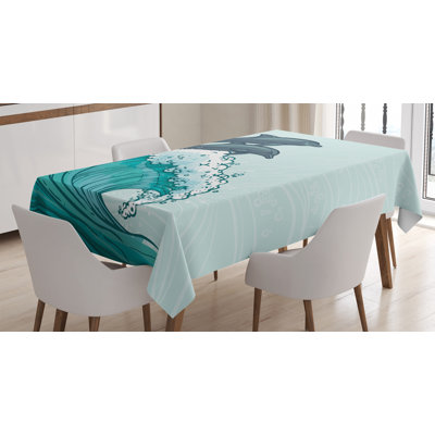 Ambesonne Sea Animals Tablecloth, Waves Flowing Water Sketch Sea Ocean And 2 Dolphins Summertime, Rectangular Table Cover For Dining Room Kitchen Decor, 52" X 70", Charcoal Grey Mint Teal