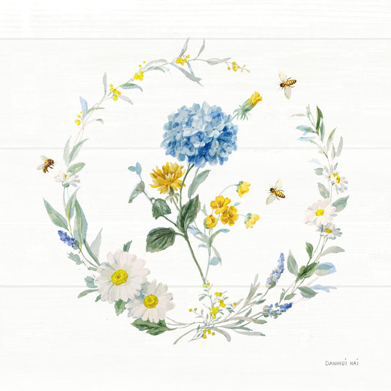 " Bees And Blooms Flowers III With Wreath " by Danhui Nai, 12" H x 12" W, No, Wrapped Canvas