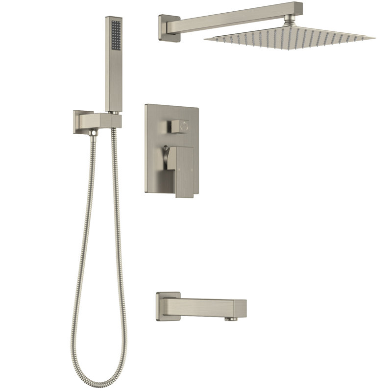 Pressure-balanced Shower System Rainfall Tub And Shower Faucet With Rough-in Valve, Brushed Nickel