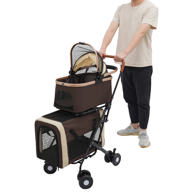 Two-Tier Pet Stroller Dual Carrier With Adjustable Handle,Foldable Design, And 360° Swivel Wheels (77Lbs Capacity), Coffee