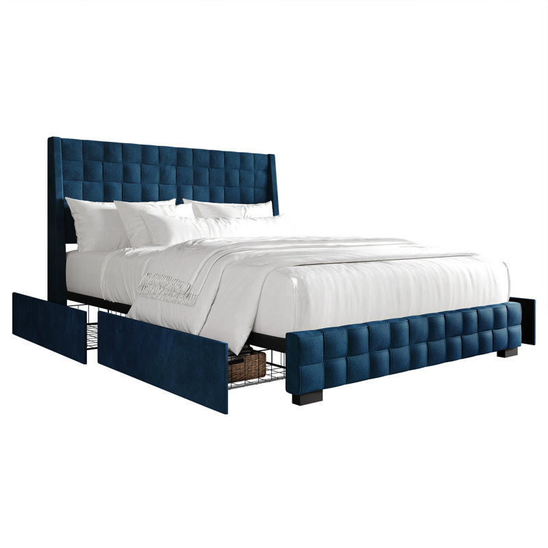 Dyisha Upholstered Unfinished Wingback Storage Bed, Queen, Navy Blue