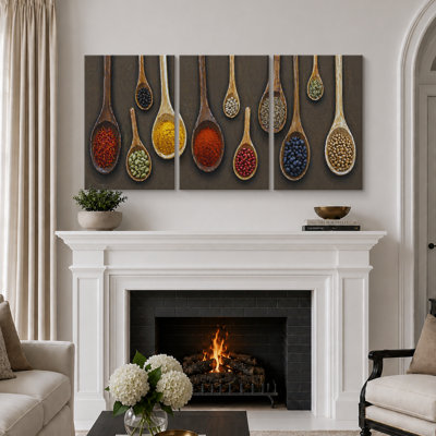 Rustic Spice Spoon Artwork, Kitchen Pictures, Framed Canvas Giclee Print 3 Pieces Wall Art