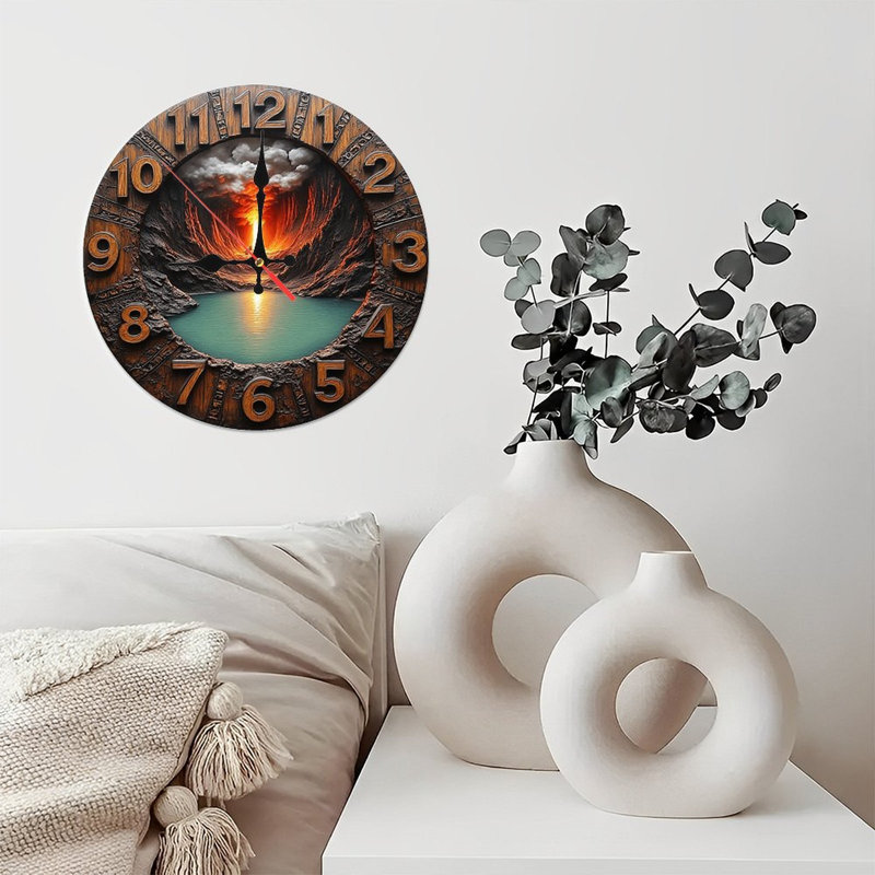 Volcano Lake Landscape Wooden Wall Clock