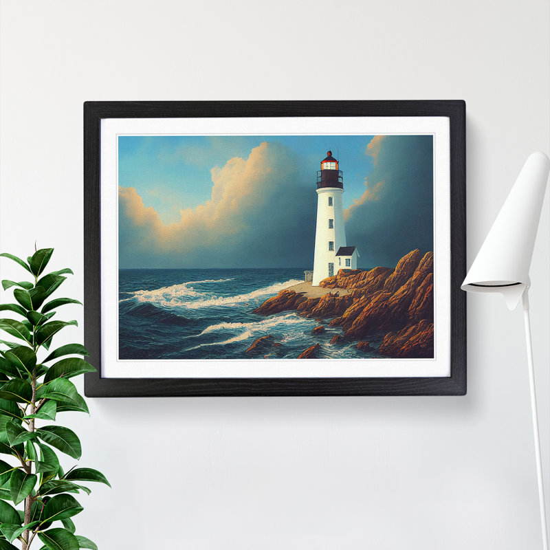 XH1022-9371X Unbeatable Lighthouse Seascape - Single Picture Frame Print, 46cm H x 64cm W x 2cm D, Black Framed