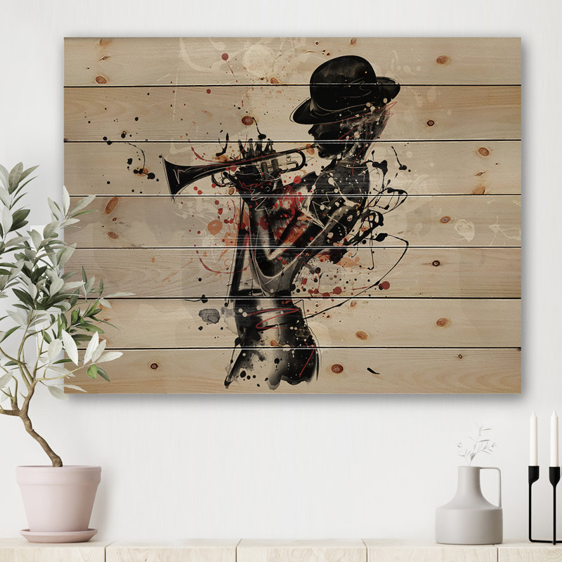 Femme jouant de la trompette jazz - impression moderne sur bois de pin naturel, H 30 po x l 40 po x P 0,78 po