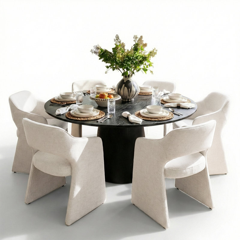 6 - Person Dining Table Sets With Round Table & 6 Upholstered Fabric Chairs, Beige, Black