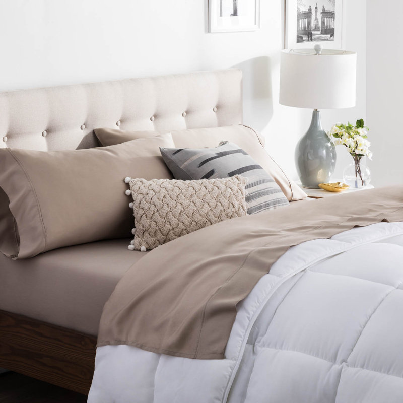 Satin Solid Colour Sheet Set, Sandstone, Split King Sheet Set + Fitted Sheet + 2 Pillowcase