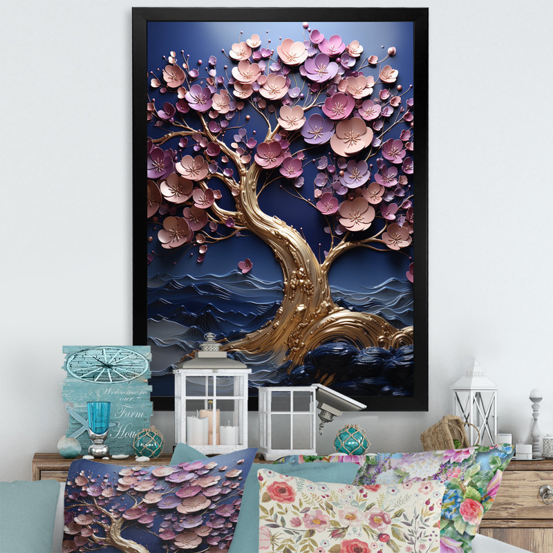 Orchidée dorée, jardin de branches II - art mural arbre, H 32 po x l 24 po x P 1 po, Cadre simple noir