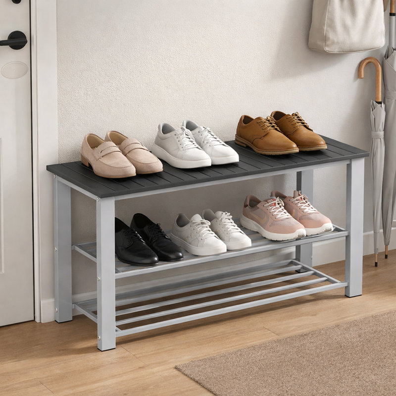 Wood Top Shoe Storage Bench with 2-Tier Storage for Entryway, Grey