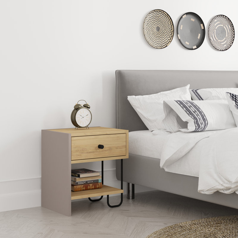Brygida Minimalist Bedside Table 18mm Wood Soft-Close Drawer Compact Design, Saphire Oak/Light Mocha