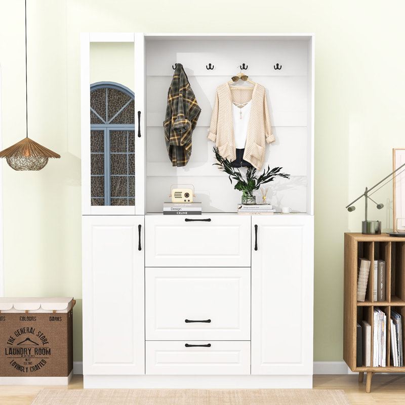 Solution de rangement compacte pour hall d'entrée avec tablettes, porte-clés et tiroirs